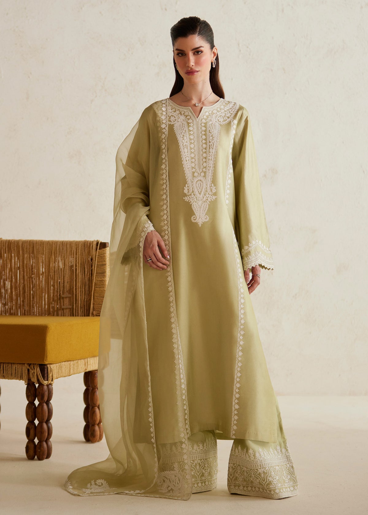 Illara pistachio green Mélange ensemble, full-length front view