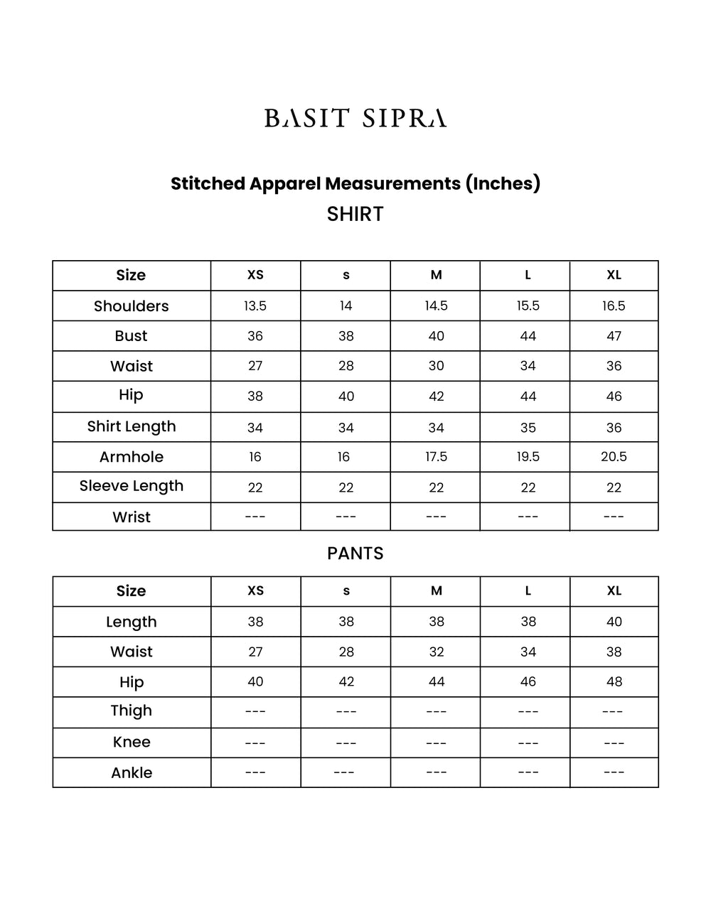 Size Chart for Ayla