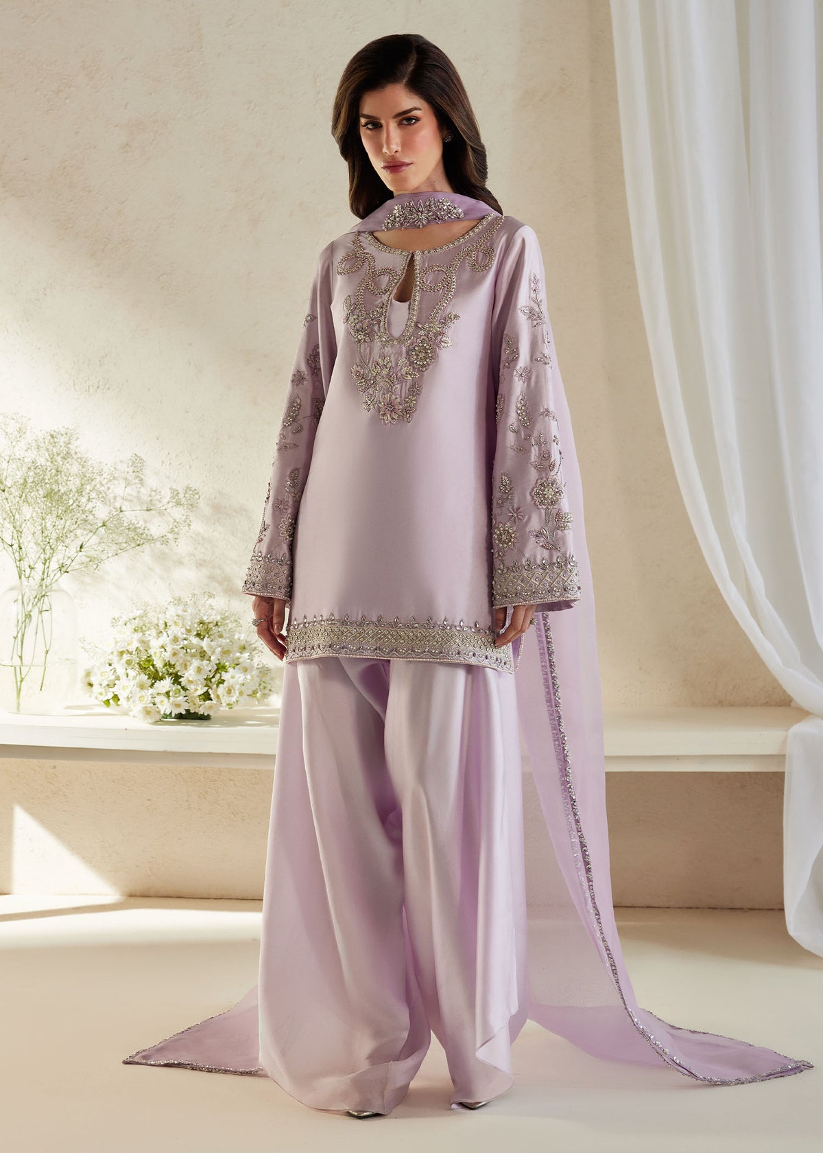 Reha lilac pure tissue silk ensemble — full-length front view